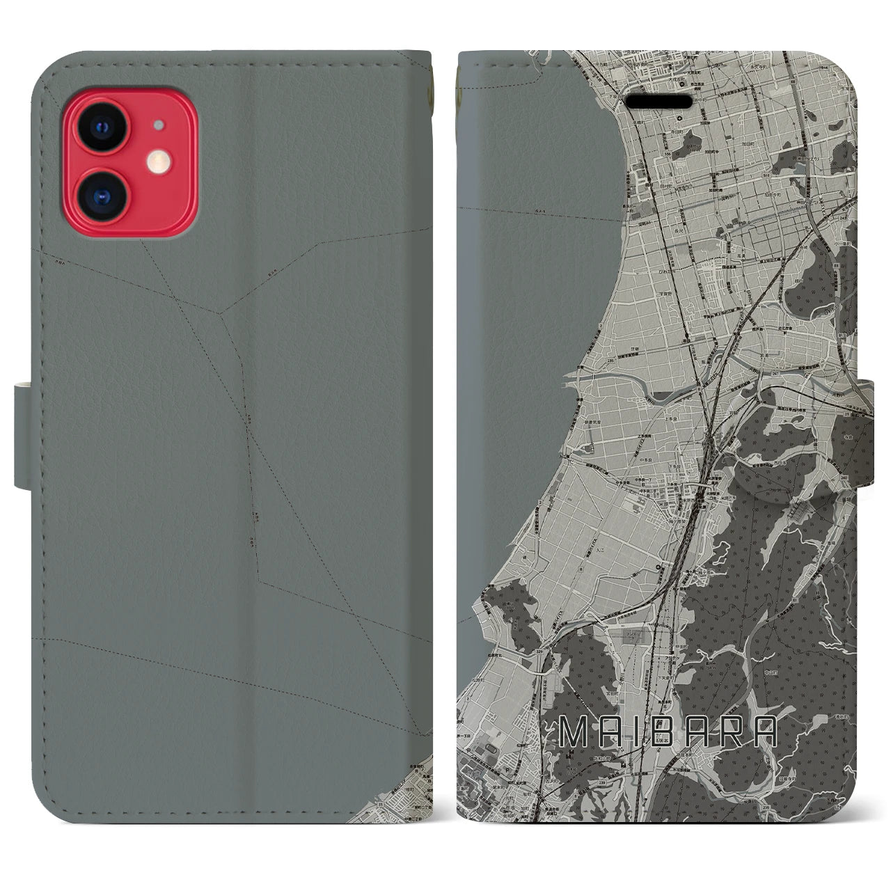【米原(滋賀県)】地図柄iPhoneケース(手帳タイプ)モノトーン・iPhone 11 用