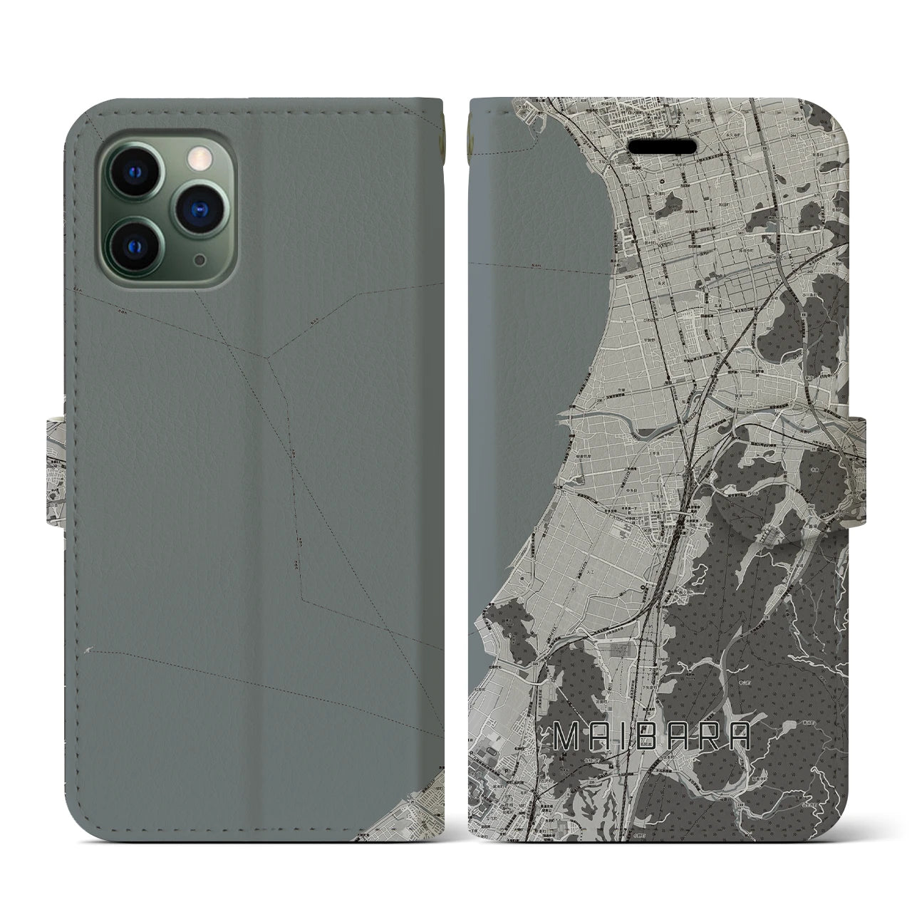 【米原(滋賀県)】地図柄iPhoneケース(手帳タイプ)モノトーン・iPhone 11 Pro 用