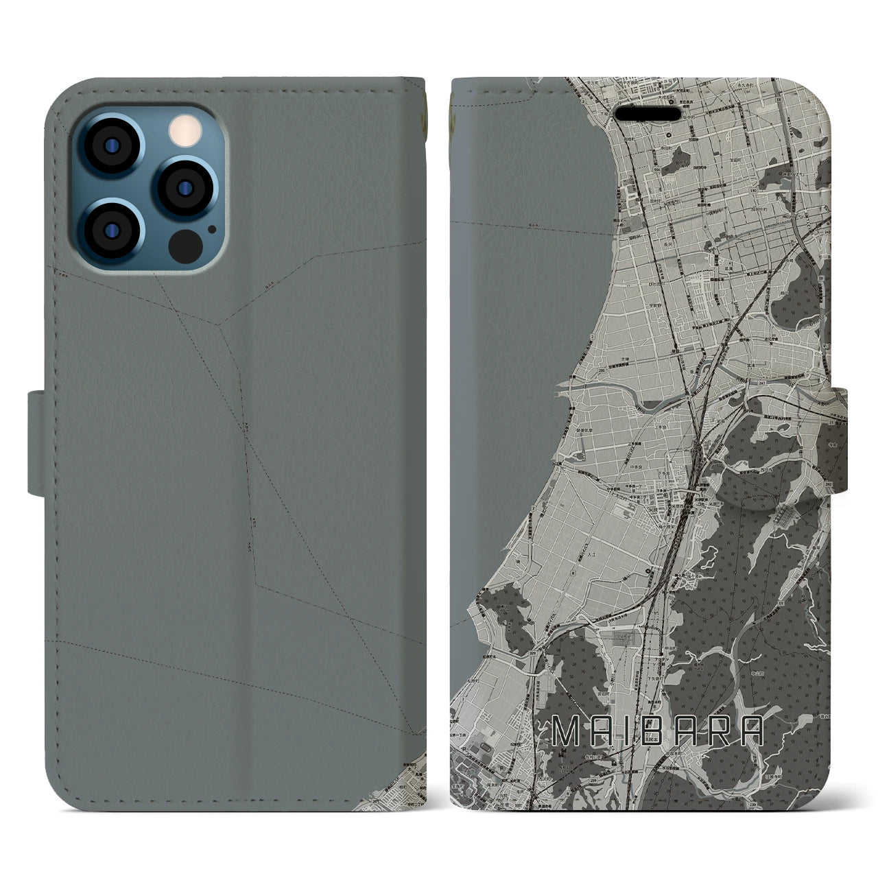 【米原(滋賀県)】地図柄iPhoneケース(手帳タイプ)モノトーン・iPhone 12 / 12 Pro 用