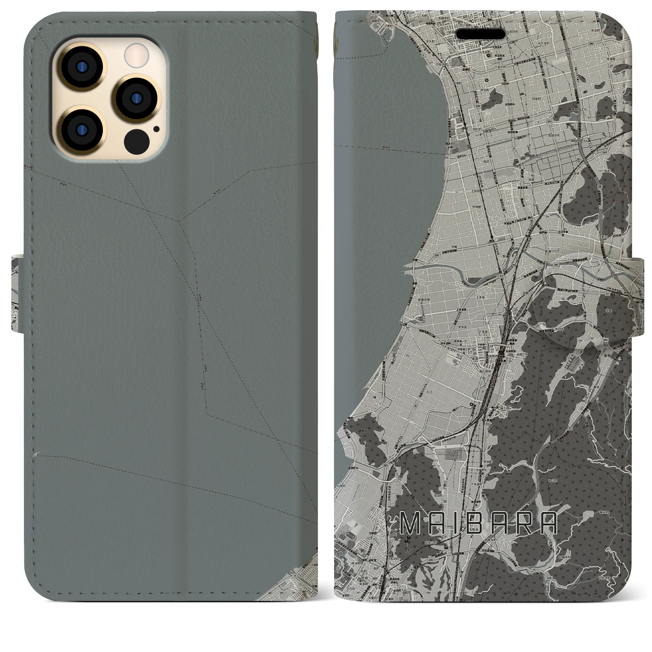 【米原(滋賀県)】地図柄iPhoneケース(手帳タイプ)モノトーン・iPhone 12 Pro Max 用