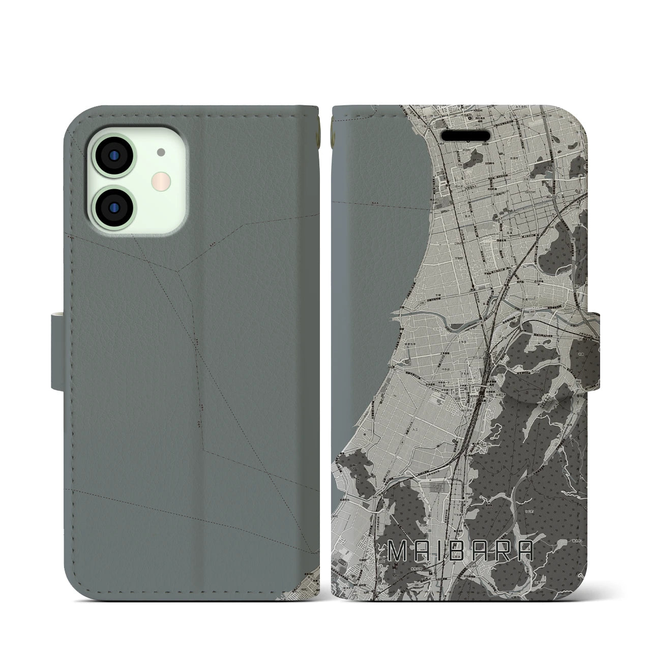 【米原(滋賀県)】地図柄iPhoneケース(手帳タイプ)モノトーン・iPhone 12 mini 用