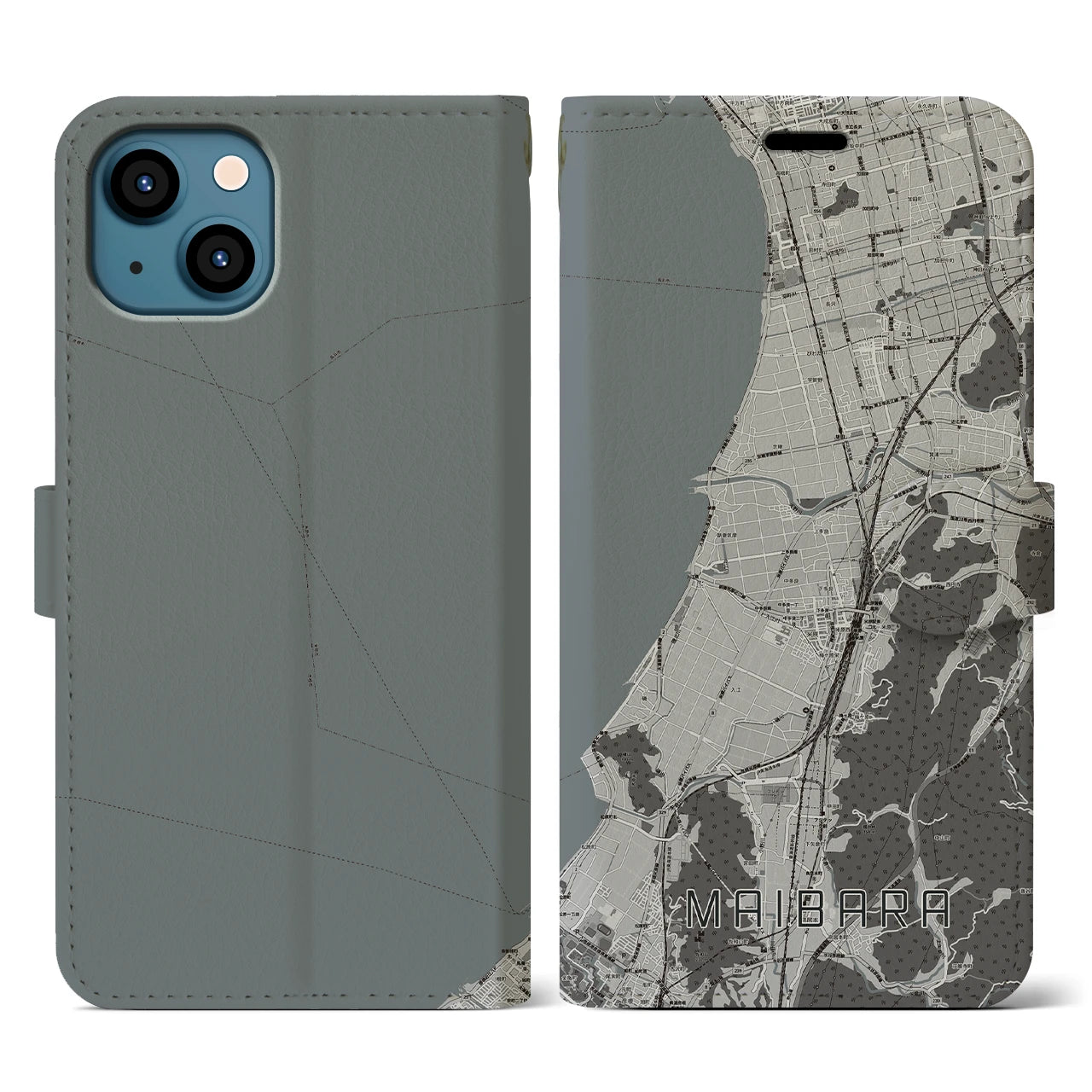 【米原(滋賀県)】地図柄iPhoneケース(手帳タイプ)モノトーン・iPhone 13 用