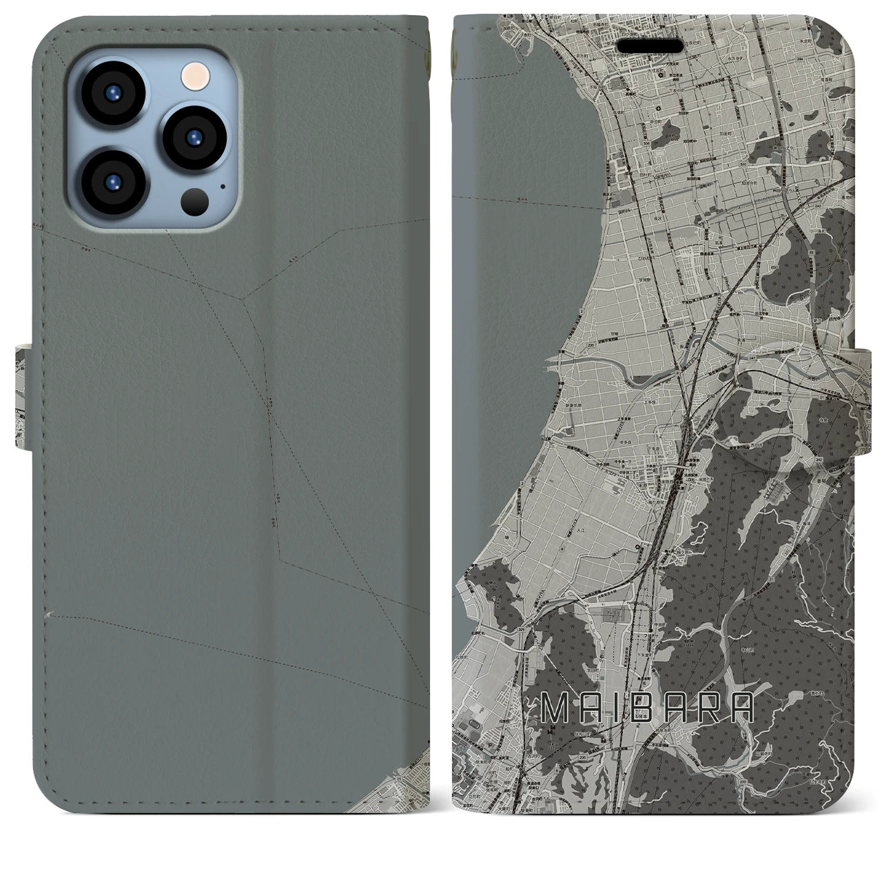 【米原(滋賀県)】地図柄iPhoneケース(手帳タイプ)モノトーン・iPhone 13 Pro Max 用