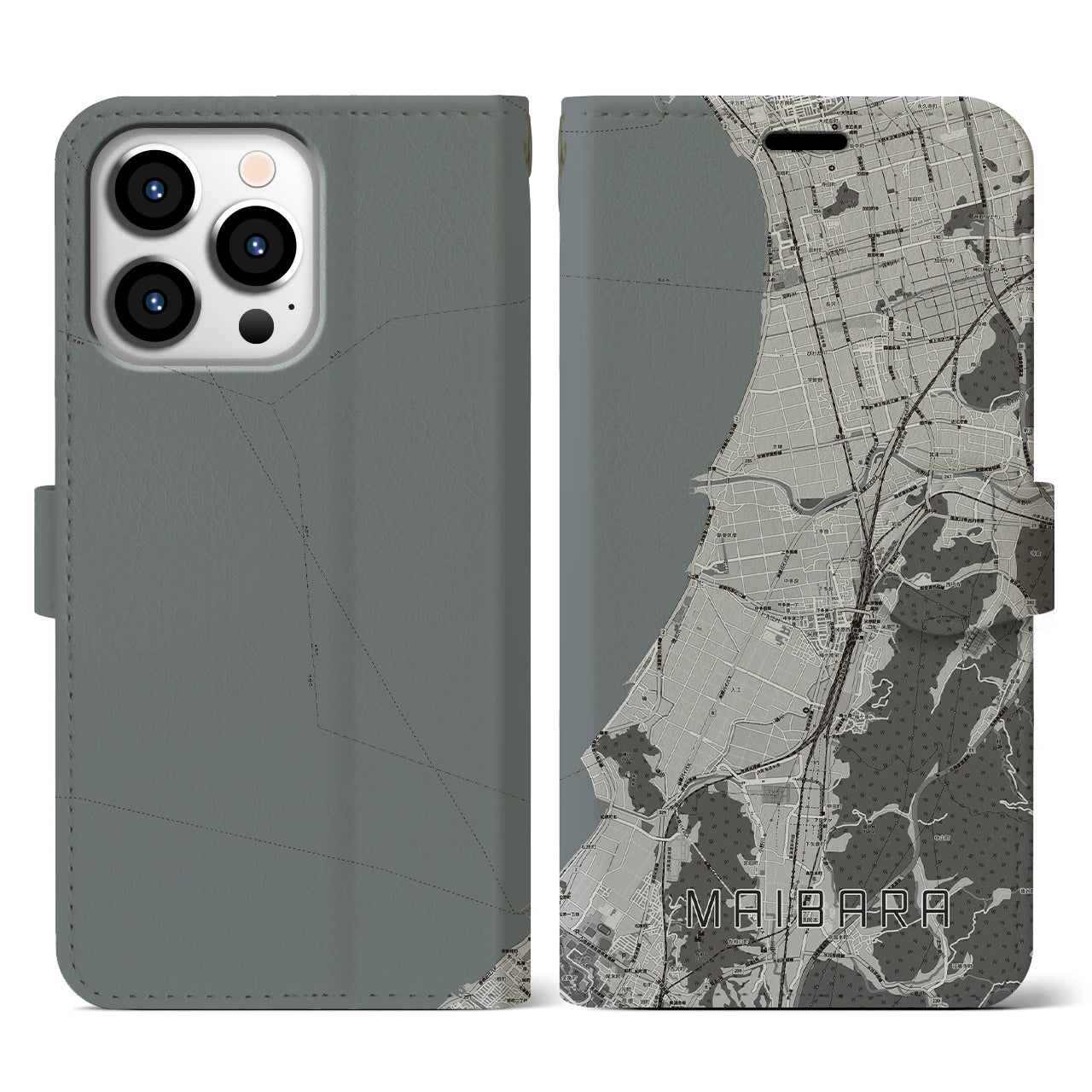 【米原(滋賀県)】地図柄iPhoneケース(手帳タイプ)モノトーン・iPhone 13 Pro 用