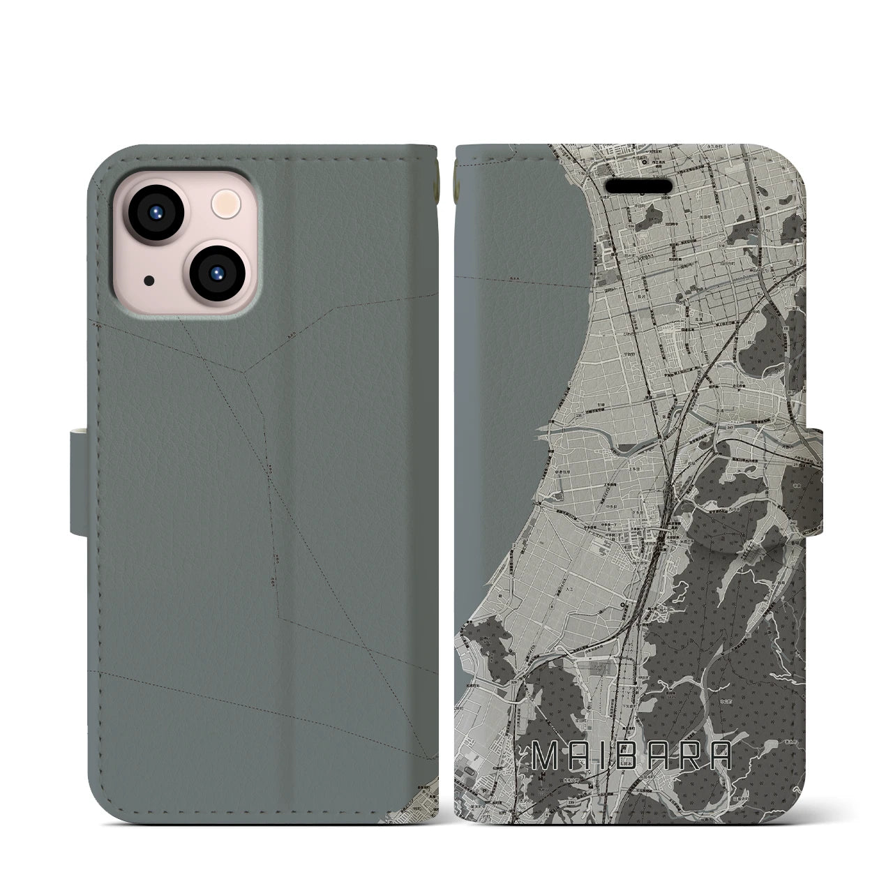 【米原(滋賀県)】地図柄iPhoneケース(手帳タイプ)モノトーン・iPhone 13 mini 用