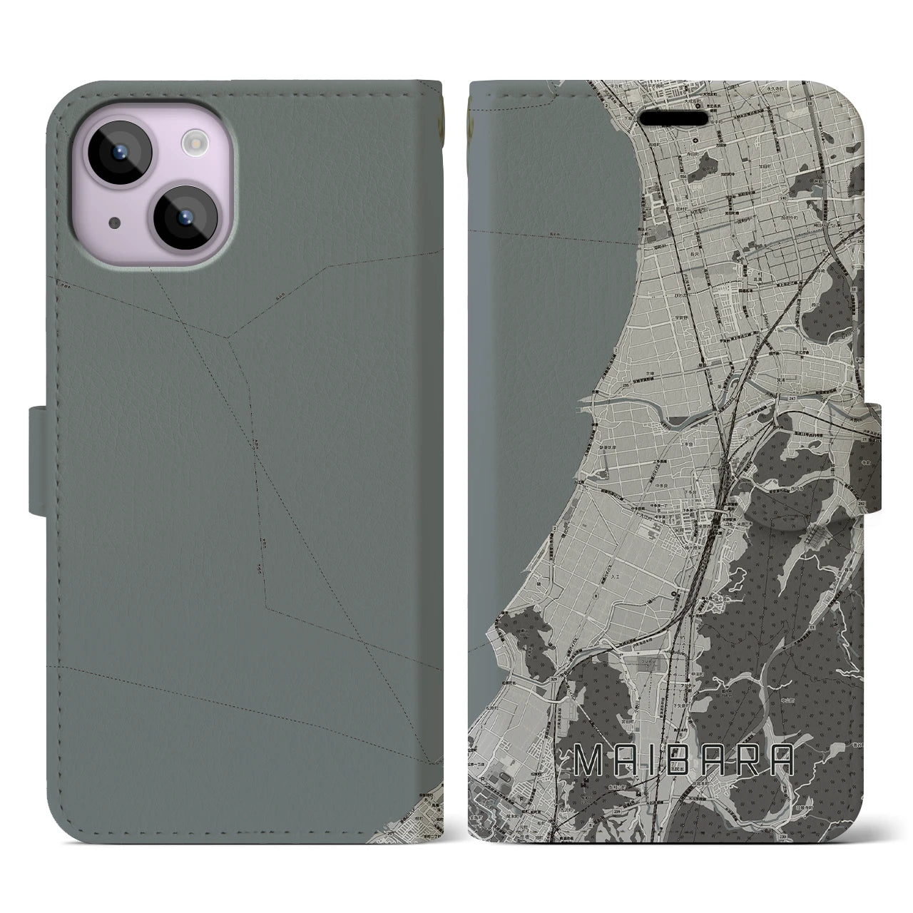 【米原(滋賀県)】地図柄iPhoneケース(手帳タイプ)モノトーン・iPhone 14 用
