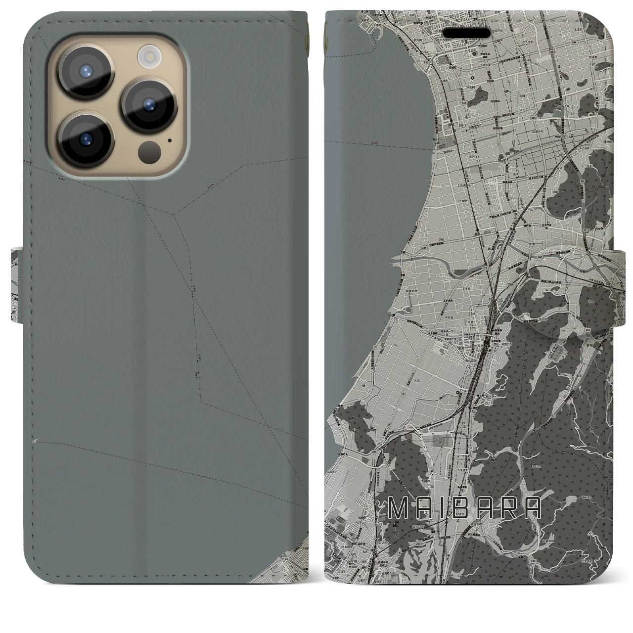 【米原(滋賀県)】地図柄iPhoneケース(手帳タイプ)モノトーン・iPhone 14 Pro Max 用