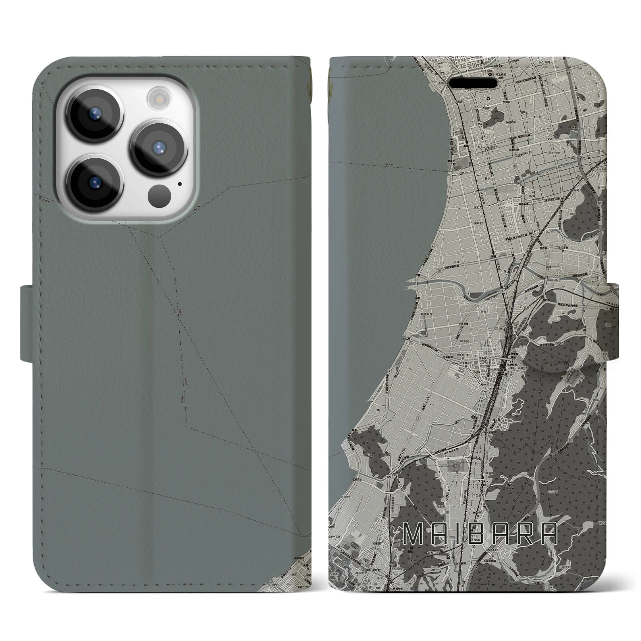 【米原(滋賀県)】地図柄iPhoneケース(手帳タイプ)モノトーン・iPhone 14 Pro 用