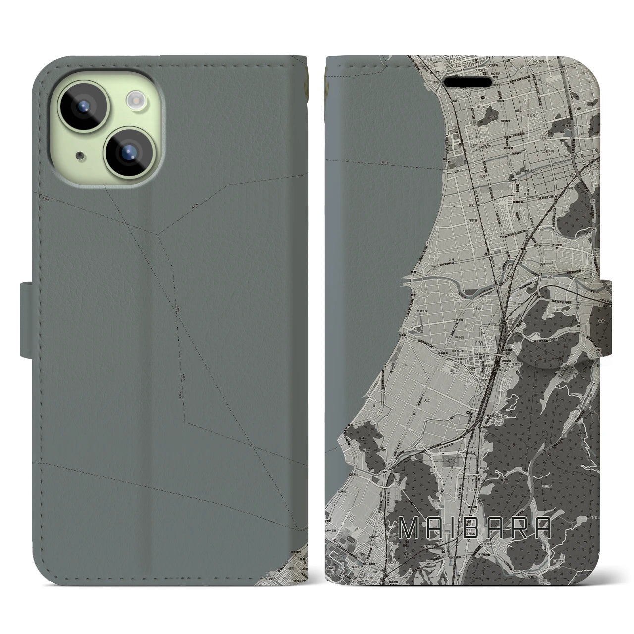 【米原(滋賀県)】地図柄iPhoneケース(手帳タイプ)モノトーン・iPhone 15 用