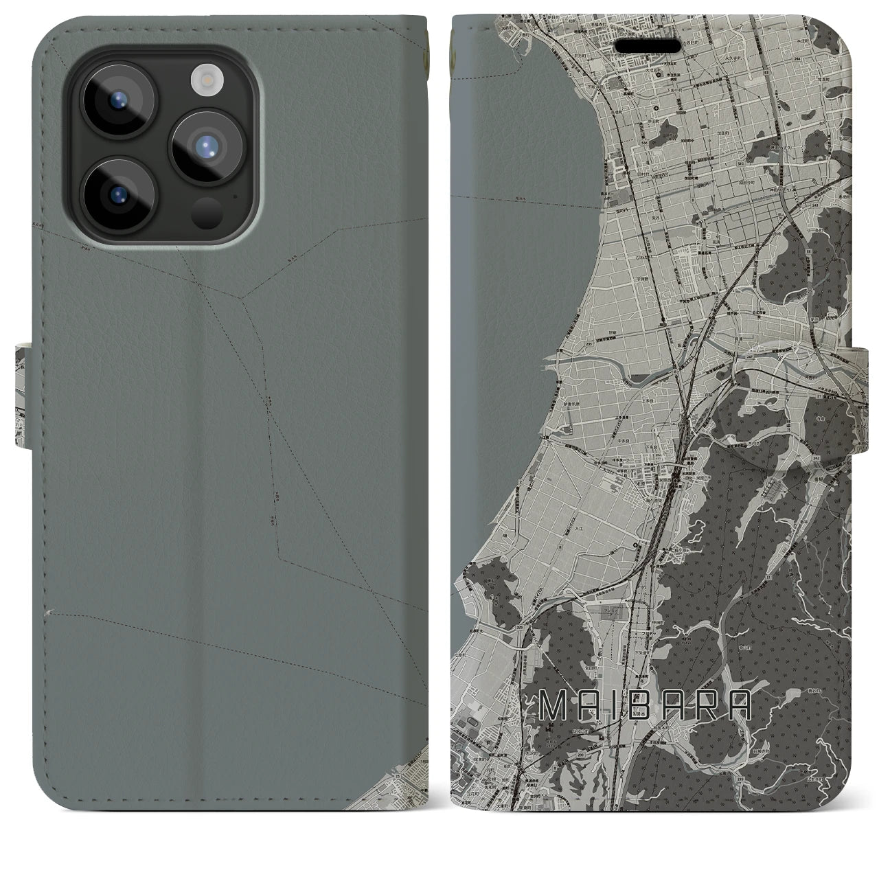 【米原(滋賀県)】地図柄iPhoneケース(手帳タイプ)モノトーン・iPhone 15 Pro Max 用
