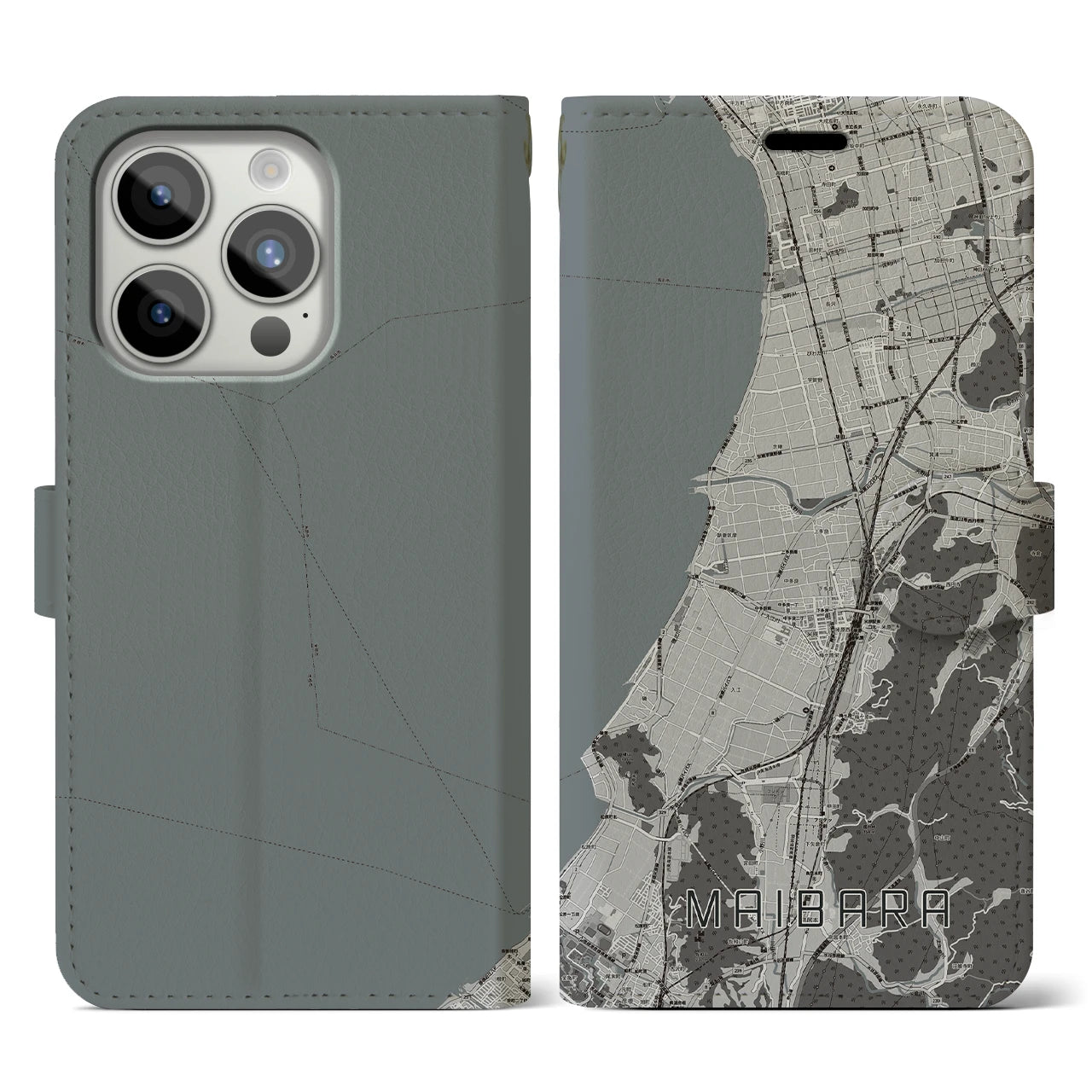 【米原(滋賀県)】地図柄iPhoneケース(手帳タイプ)モノトーン・iPhone 15 Pro 用