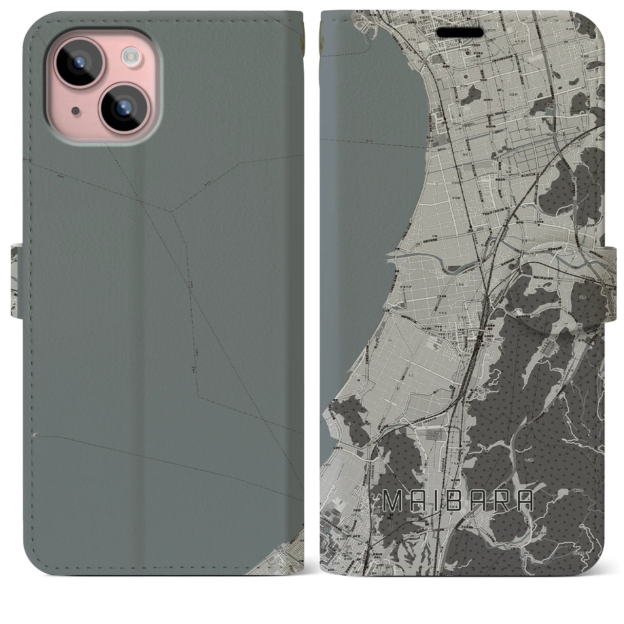 【米原(滋賀県)】地図柄iPhoneケース(手帳タイプ)モノトーン・iPhone 15 Plus 用
