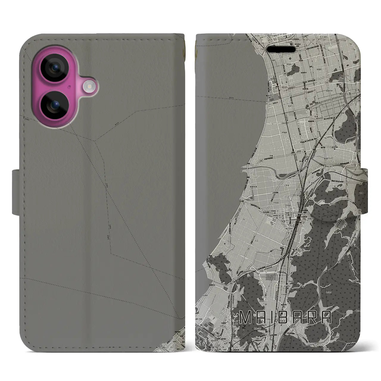 【米原(滋賀県)】地図柄iPhoneケース(手帳タイプ)モノトーン・iPhone 16 Pro 用