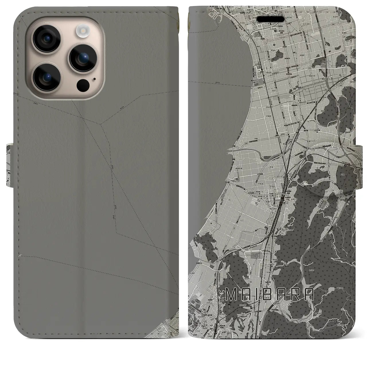 【米原(滋賀県)】地図柄iPhoneケース(手帳タイプ)モノトーン・iPhone 16 Plus 用