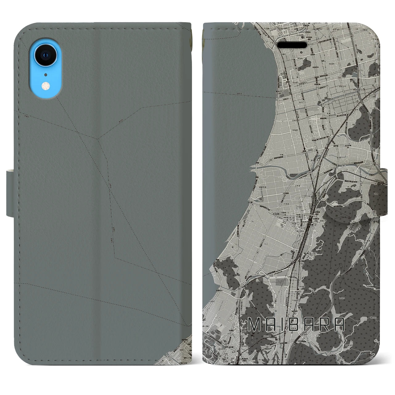 【米原(滋賀県)】地図柄iPhoneケース(手帳タイプ)モノトーン・iPhone XR 用