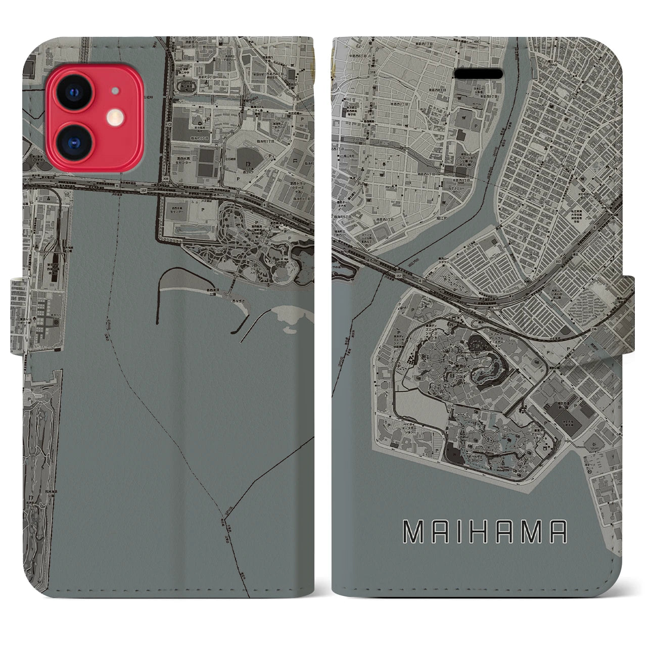 【舞浜(千葉県)】地図柄iPhoneケース(手帳タイプ)モノトーン・iPhone 11 用