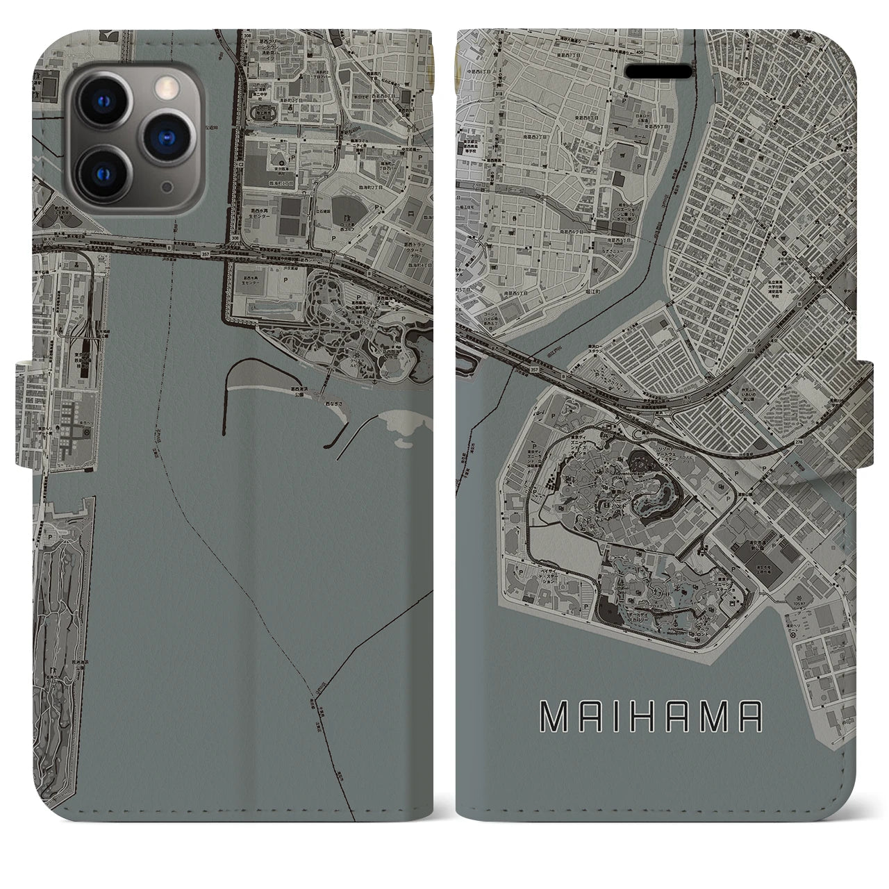 【舞浜(千葉県)】地図柄iPhoneケース(手帳タイプ)モノトーン・iPhone 11 Pro Max 用