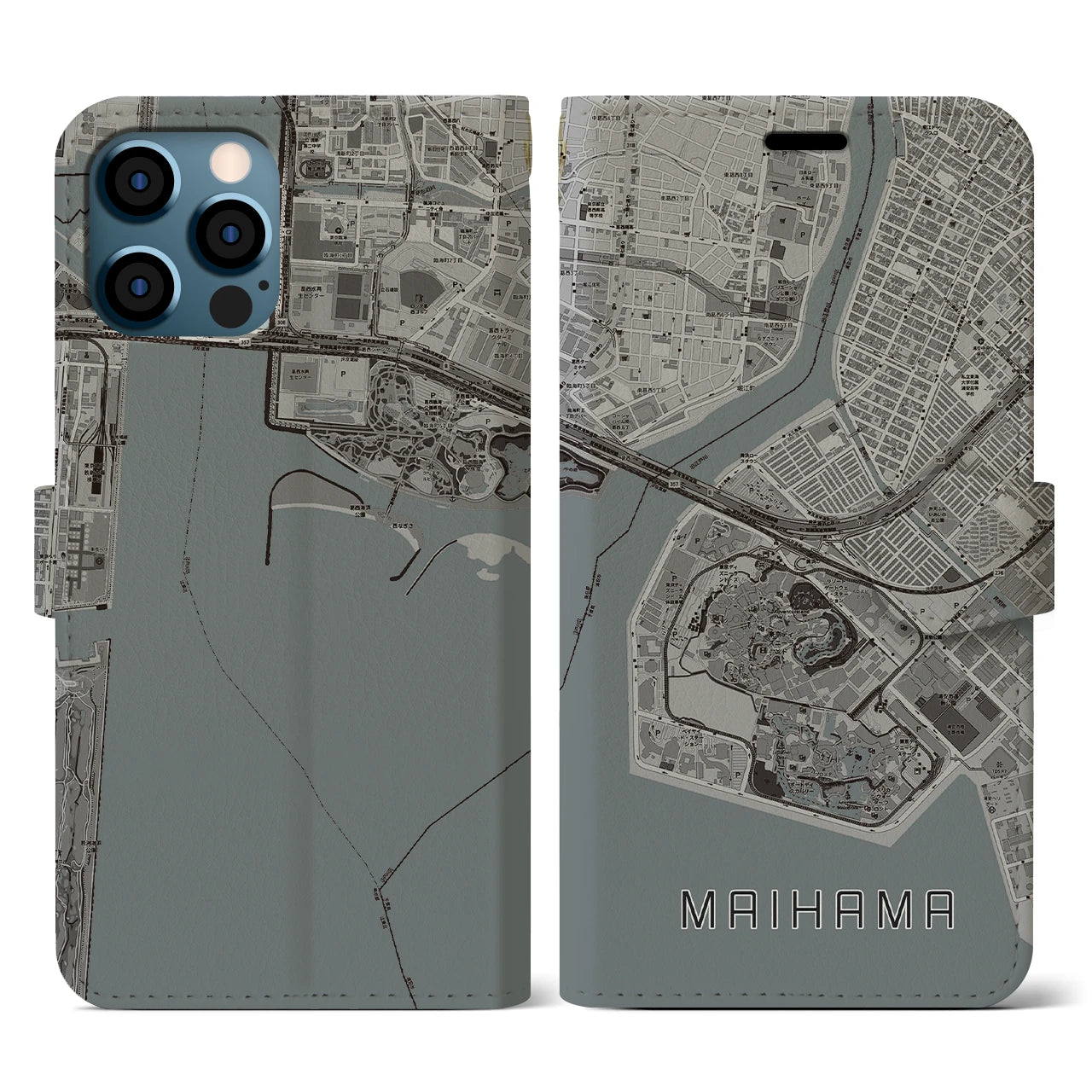 【舞浜(千葉県)】地図柄iPhoneケース(手帳タイプ)モノトーン・iPhone 12 / 12 Pro 用