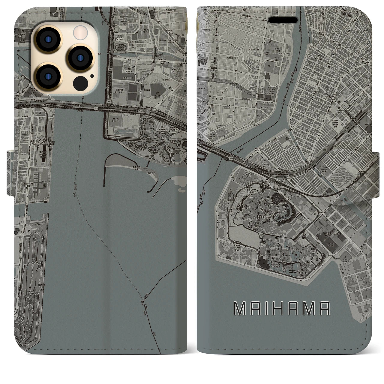 【舞浜(千葉県)】地図柄iPhoneケース(手帳タイプ)モノトーン・iPhone 12 Pro Max 用