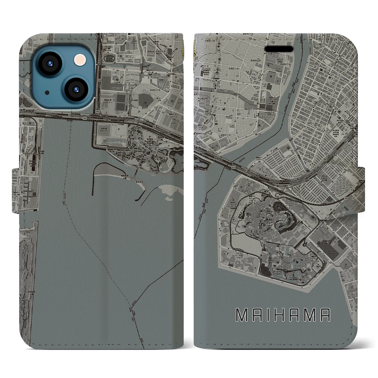 【舞浜(千葉県)】地図柄iPhoneケース(手帳タイプ)モノトーン・iPhone 13 用
