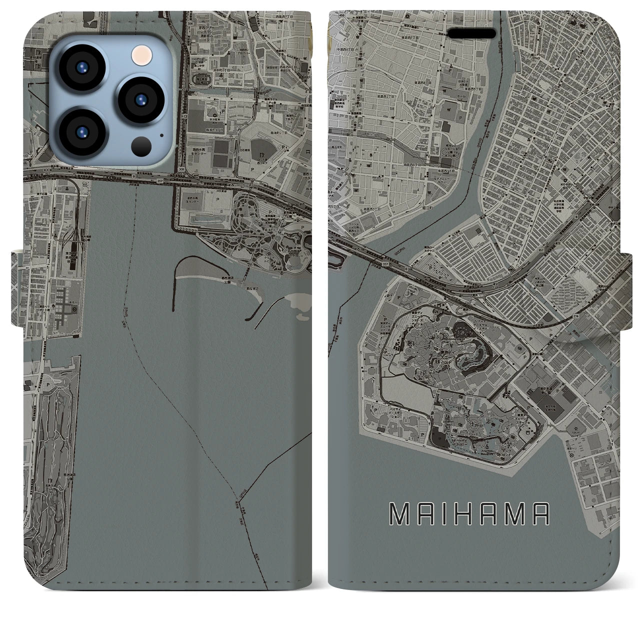 【舞浜(千葉県)】地図柄iPhoneケース(手帳タイプ)モノトーン・iPhone 13 Pro Max 用