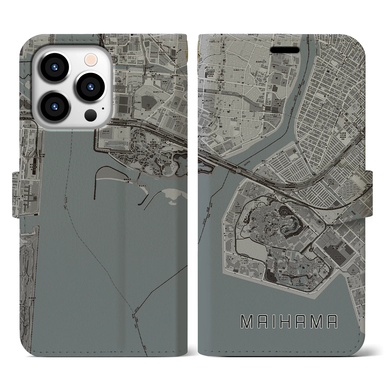 【舞浜(千葉県)】地図柄iPhoneケース(手帳タイプ)モノトーン・iPhone 13 Pro 用