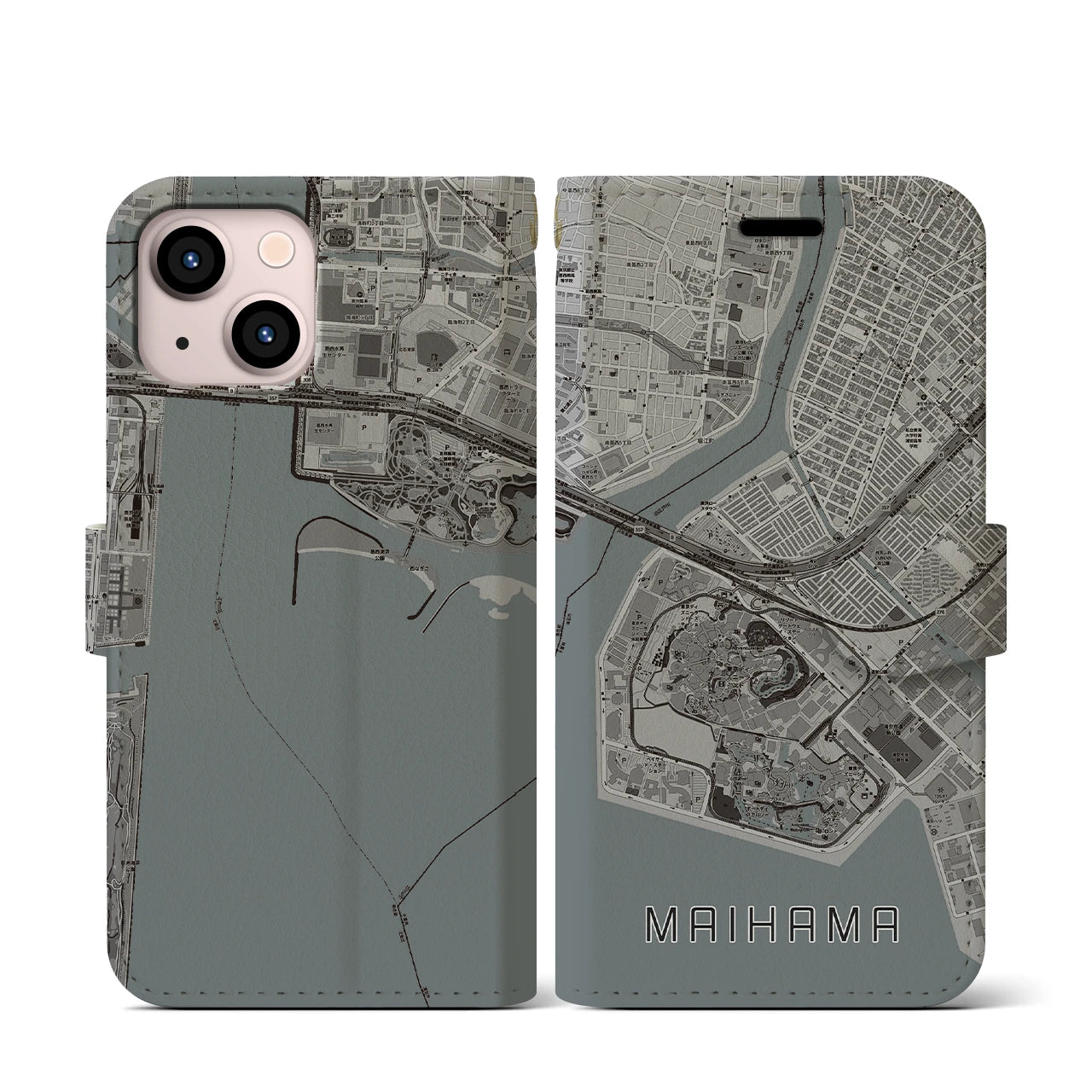 【舞浜(千葉県)】地図柄iPhoneケース(手帳タイプ)モノトーン・iPhone 13 mini 用