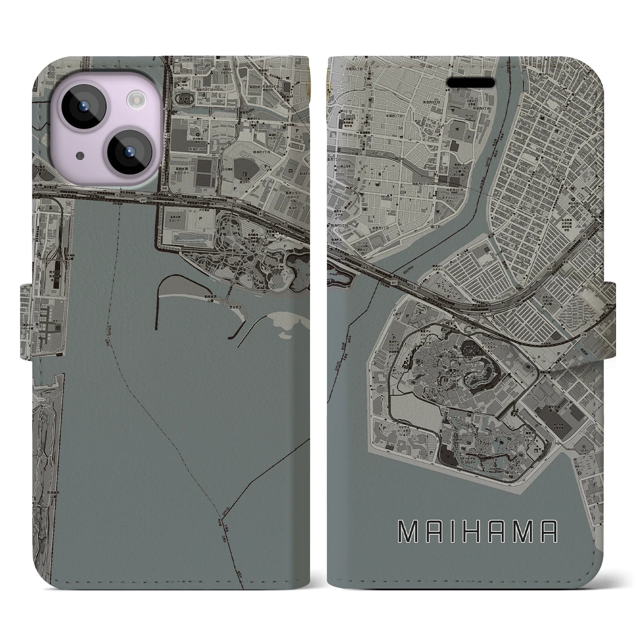 【舞浜(千葉県)】地図柄iPhoneケース(手帳タイプ)モノトーン・iPhone 14 用