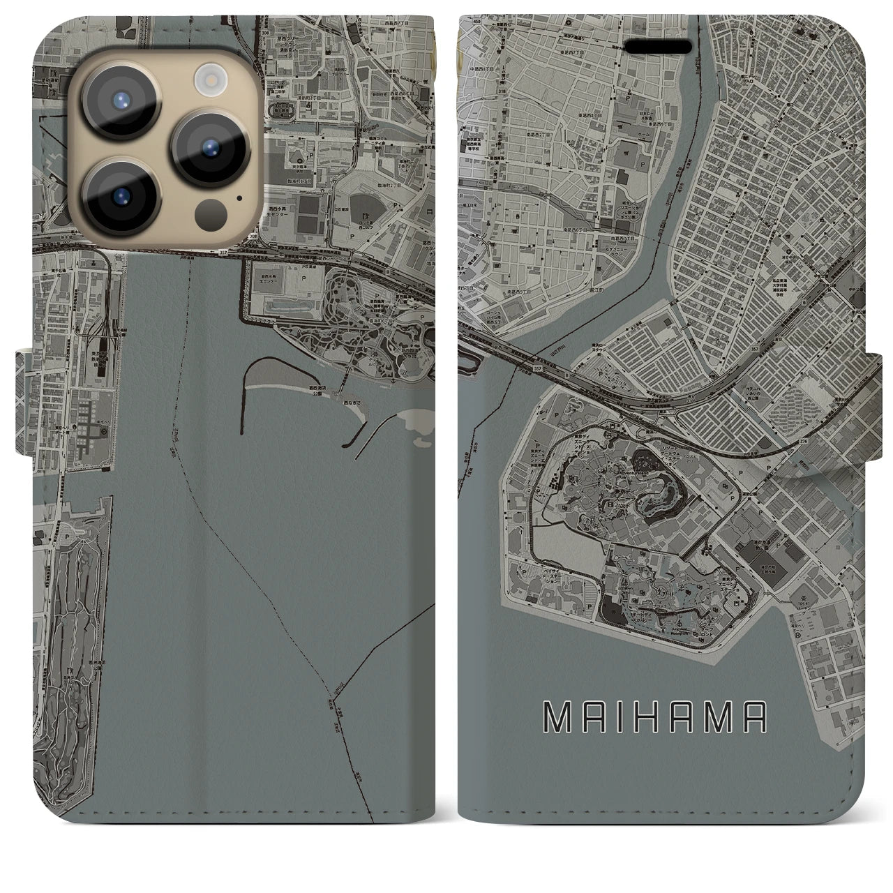 【舞浜(千葉県)】地図柄iPhoneケース(手帳タイプ)モノトーン・iPhone 14 Pro Max 用