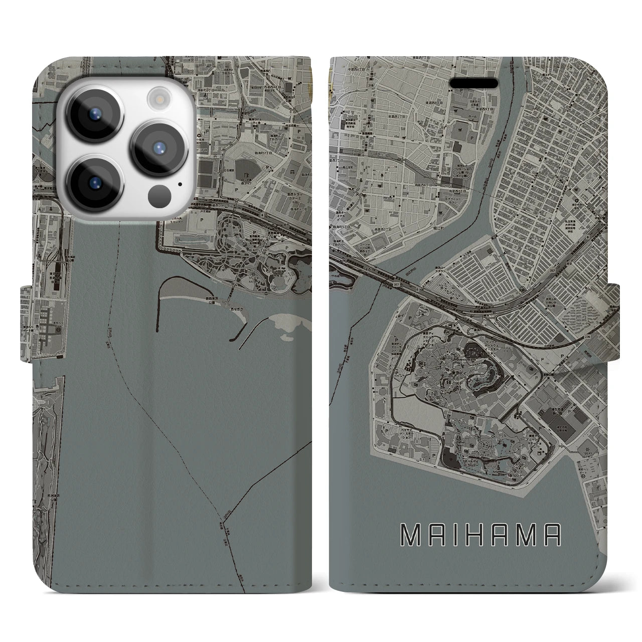 【舞浜(千葉県)】地図柄iPhoneケース(手帳タイプ)モノトーン・iPhone 14 Pro 用