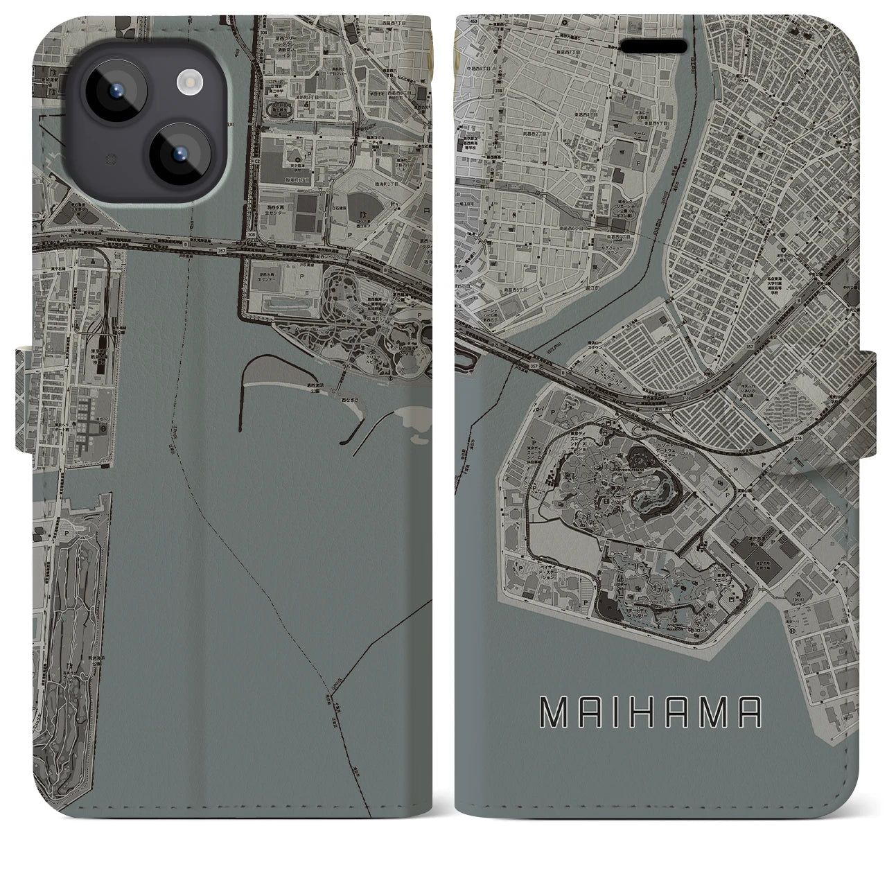 【舞浜(千葉県)】地図柄iPhoneケース(手帳タイプ)モノトーン・iPhone 14 Plus 用