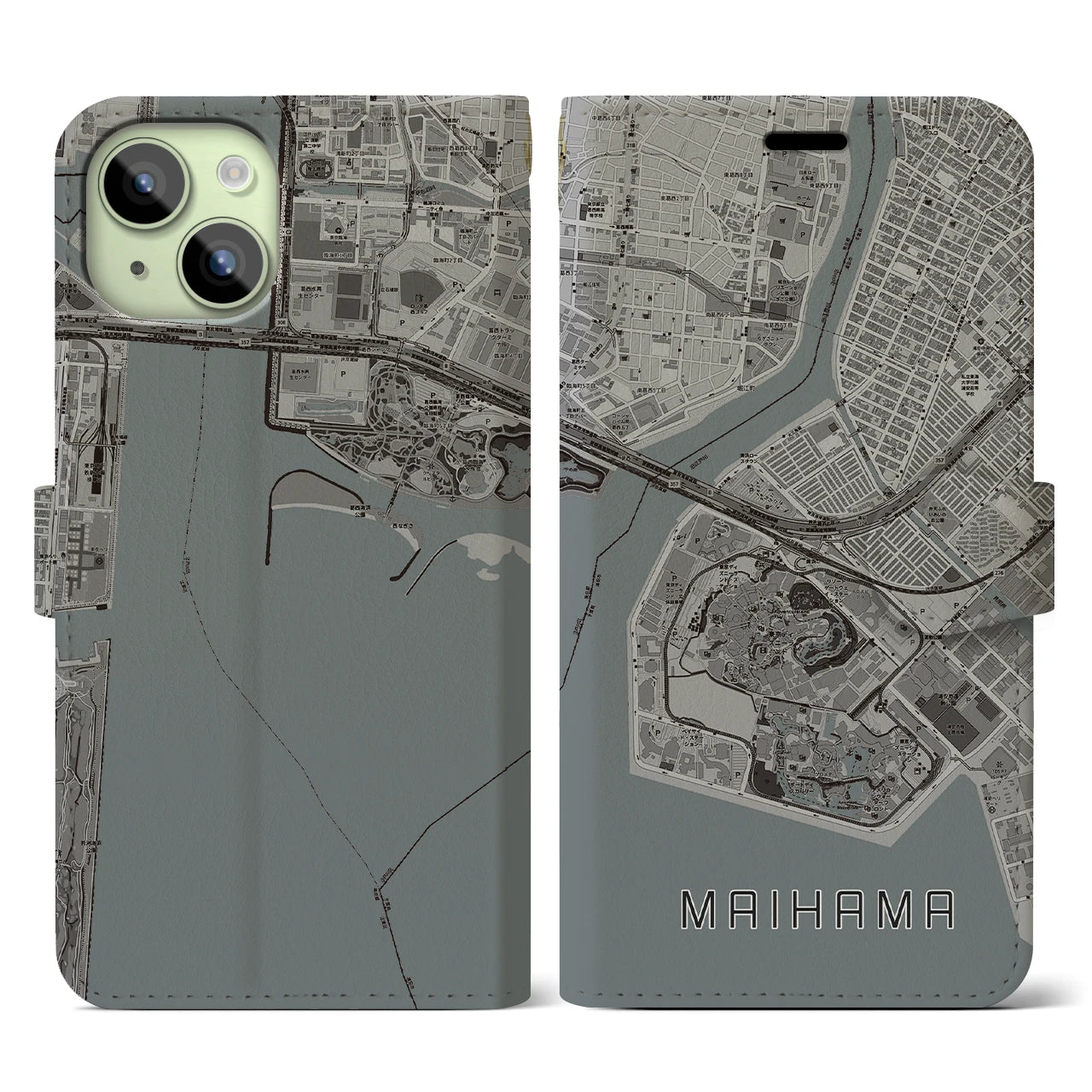 【舞浜(千葉県)】地図柄iPhoneケース(手帳タイプ)モノトーン・iPhone 15 用