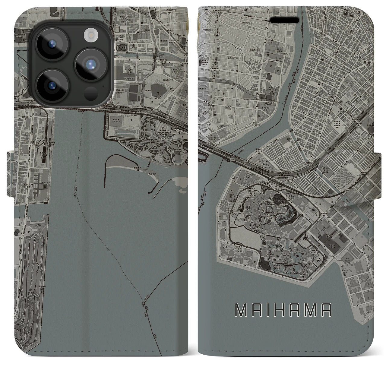 【舞浜(千葉県)】地図柄iPhoneケース(手帳タイプ)モノトーン・iPhone 15 Pro Max 用