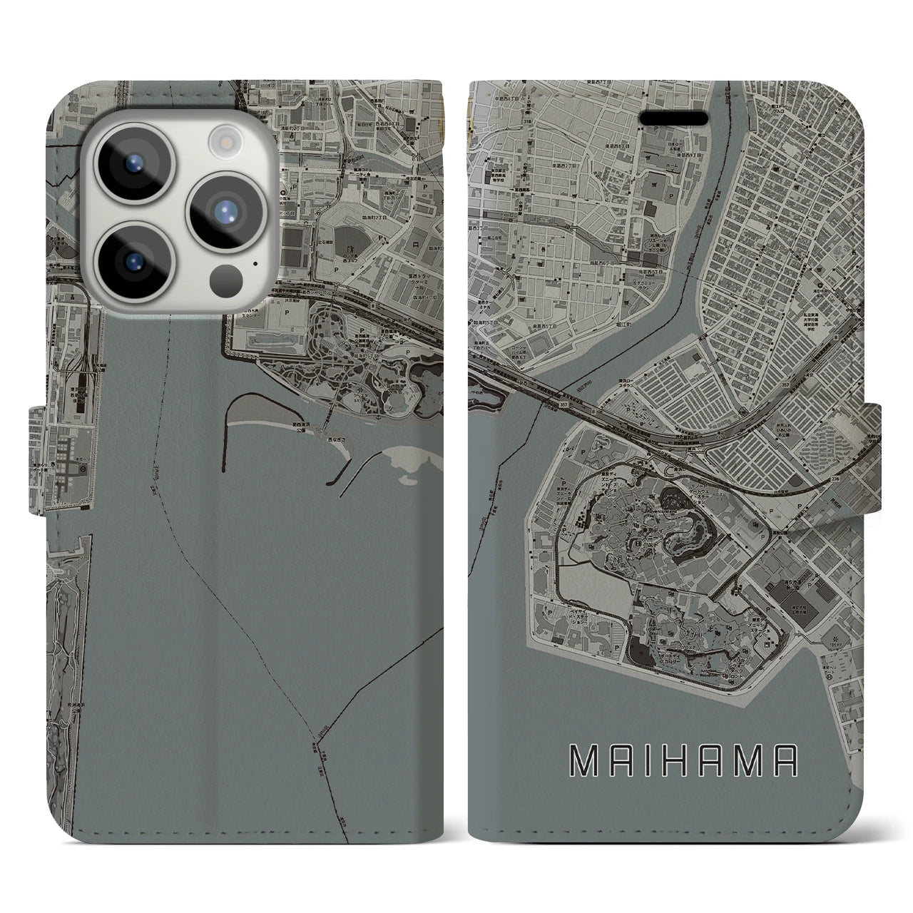 【舞浜(千葉県)】地図柄iPhoneケース(手帳タイプ)モノトーン・iPhone 15 Pro 用