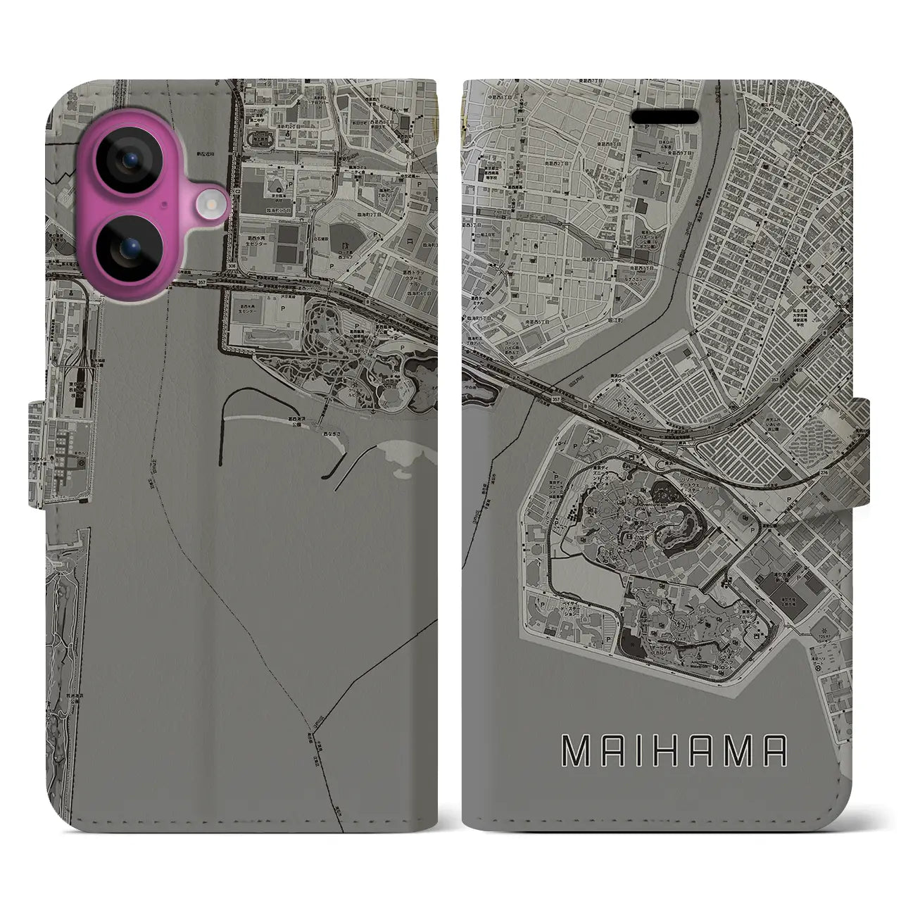 【舞浜(千葉県)】地図柄iPhoneケース(手帳タイプ)モノトーン・iPhone 16 Pro 用