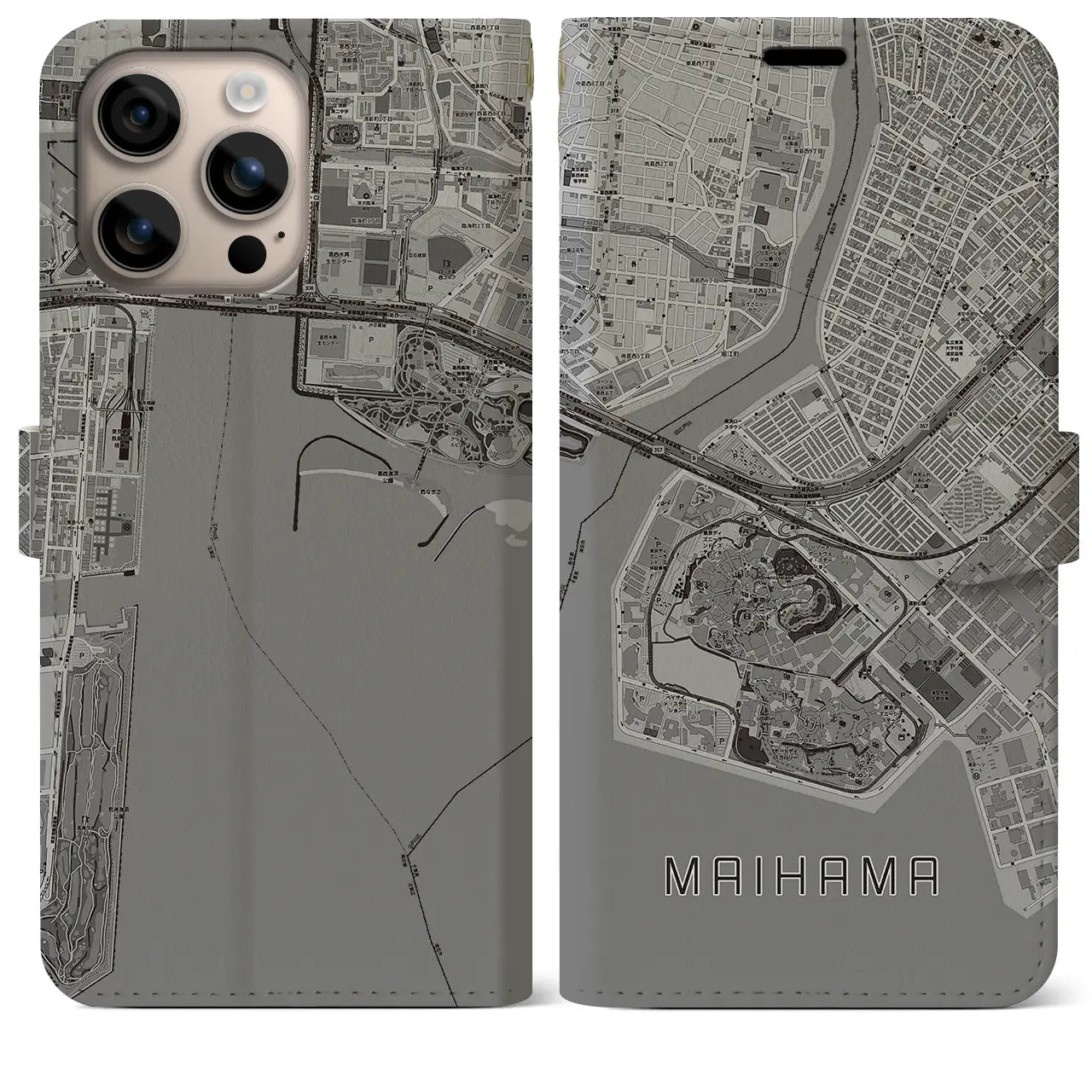 【舞浜(千葉県)】地図柄iPhoneケース(手帳タイプ)モノトーン・iPhone 16 Plus 用
