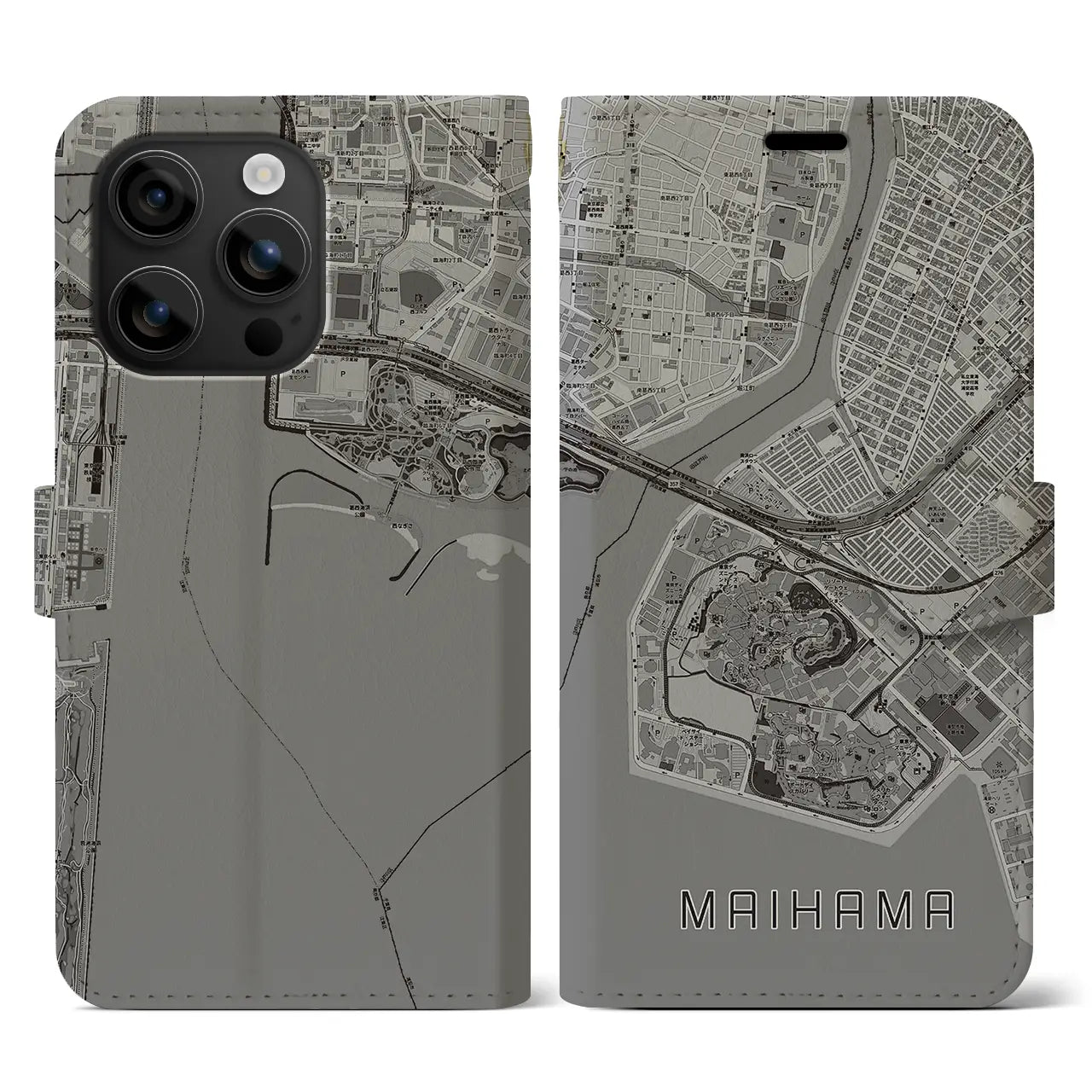 【舞浜(千葉県)】地図柄iPhoneケース(手帳タイプ)モノトーン・iPhone 16 用