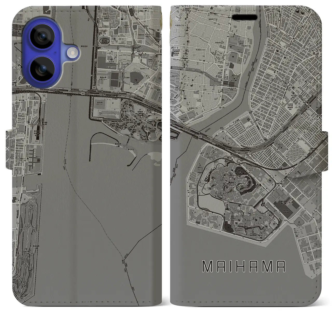 【舞浜(千葉県)】地図柄iPhoneケース(手帳タイプ)モノトーン・iPhone 16 Pro Max 用