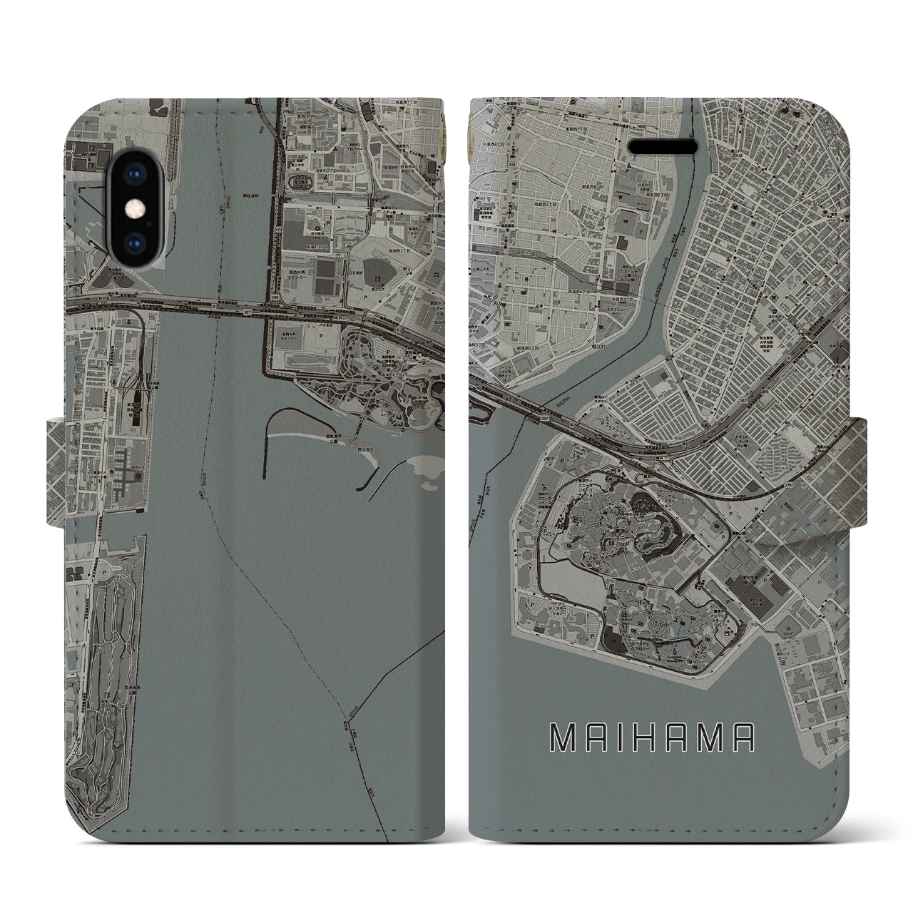 【舞浜(千葉県)】地図柄iPhoneケース(手帳タイプ)モノトーン・iPhone XS / X 用