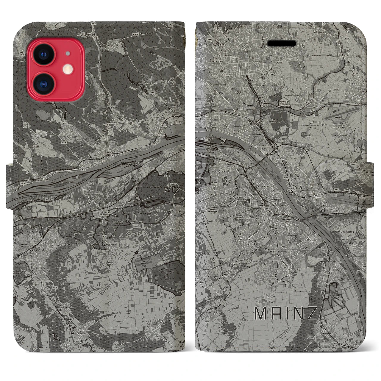 【マインツ(ドイツ)】地図柄iPhoneケース(手帳タイプ)モノトーン・iPhone 11 用
