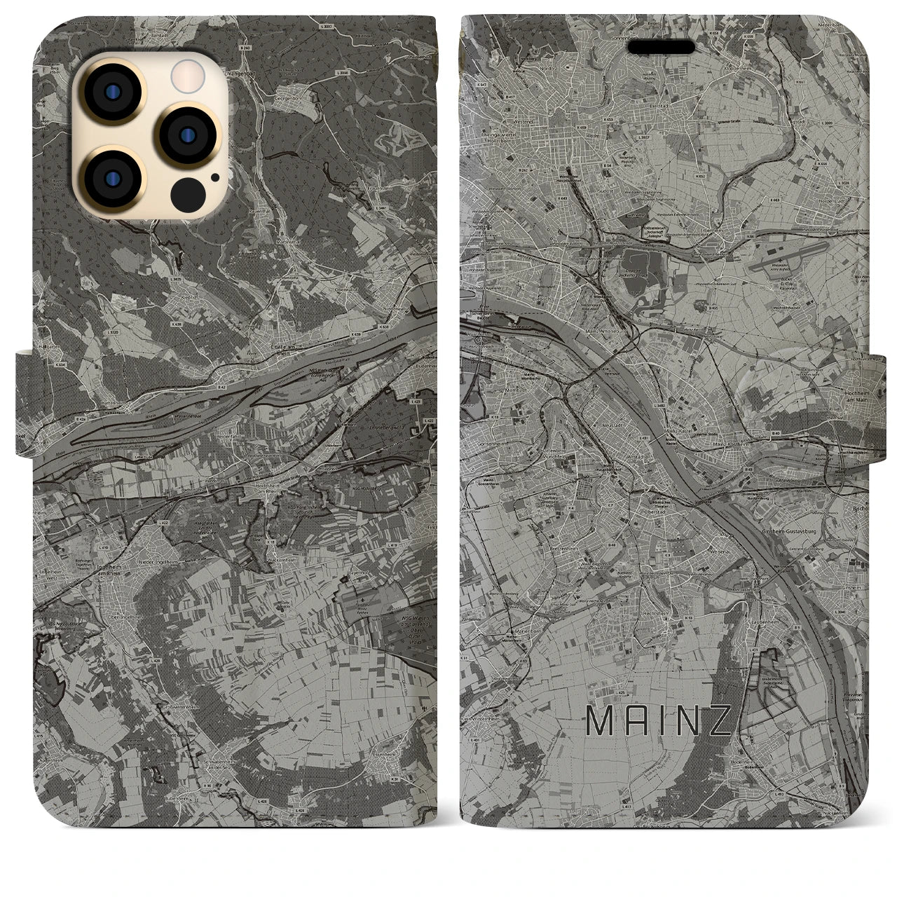 【マインツ(ドイツ)】地図柄iPhoneケース(手帳タイプ)モノトーン・iPhone 12 Pro Max 用