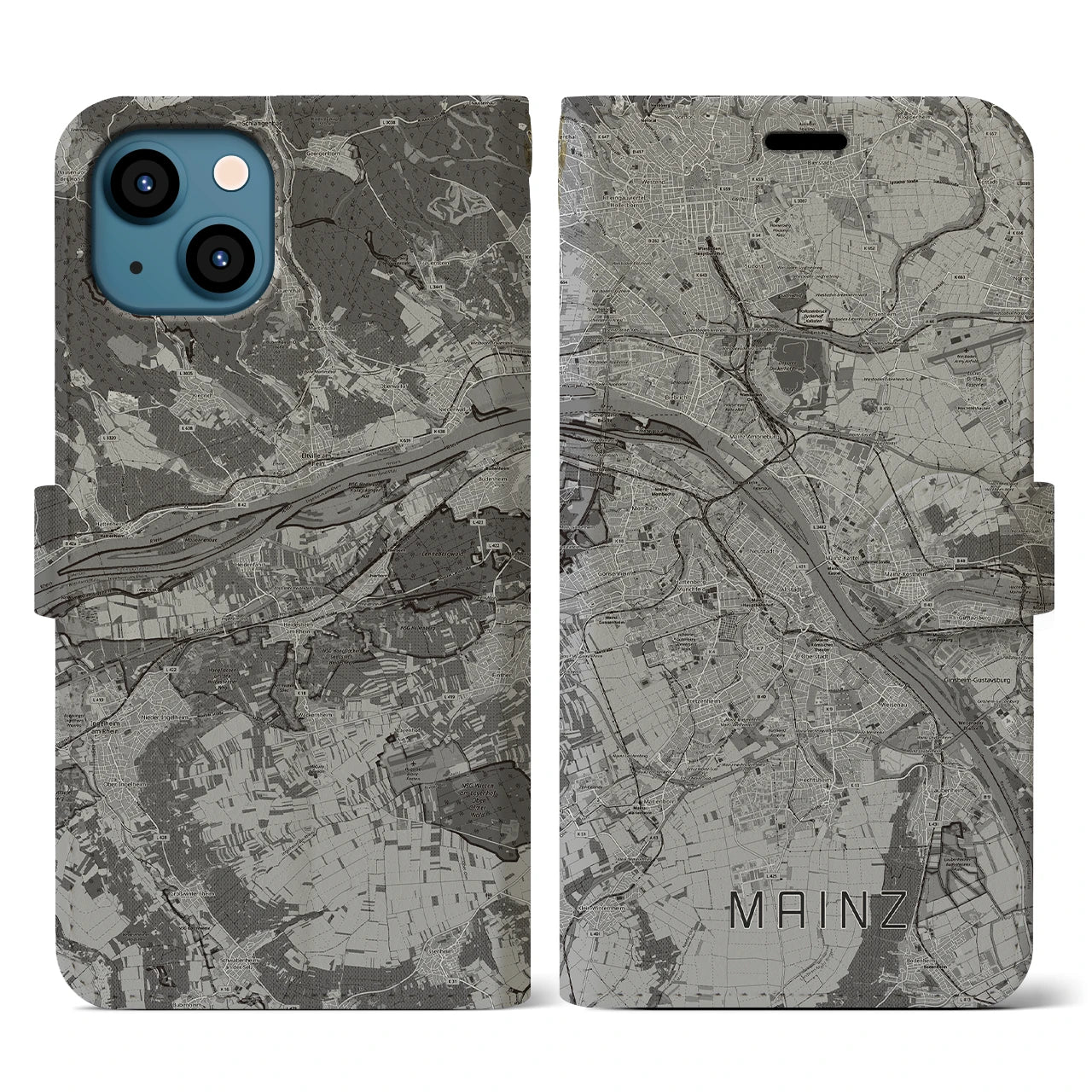 【マインツ(ドイツ)】地図柄iPhoneケース(手帳タイプ)モノトーン・iPhone 13 用