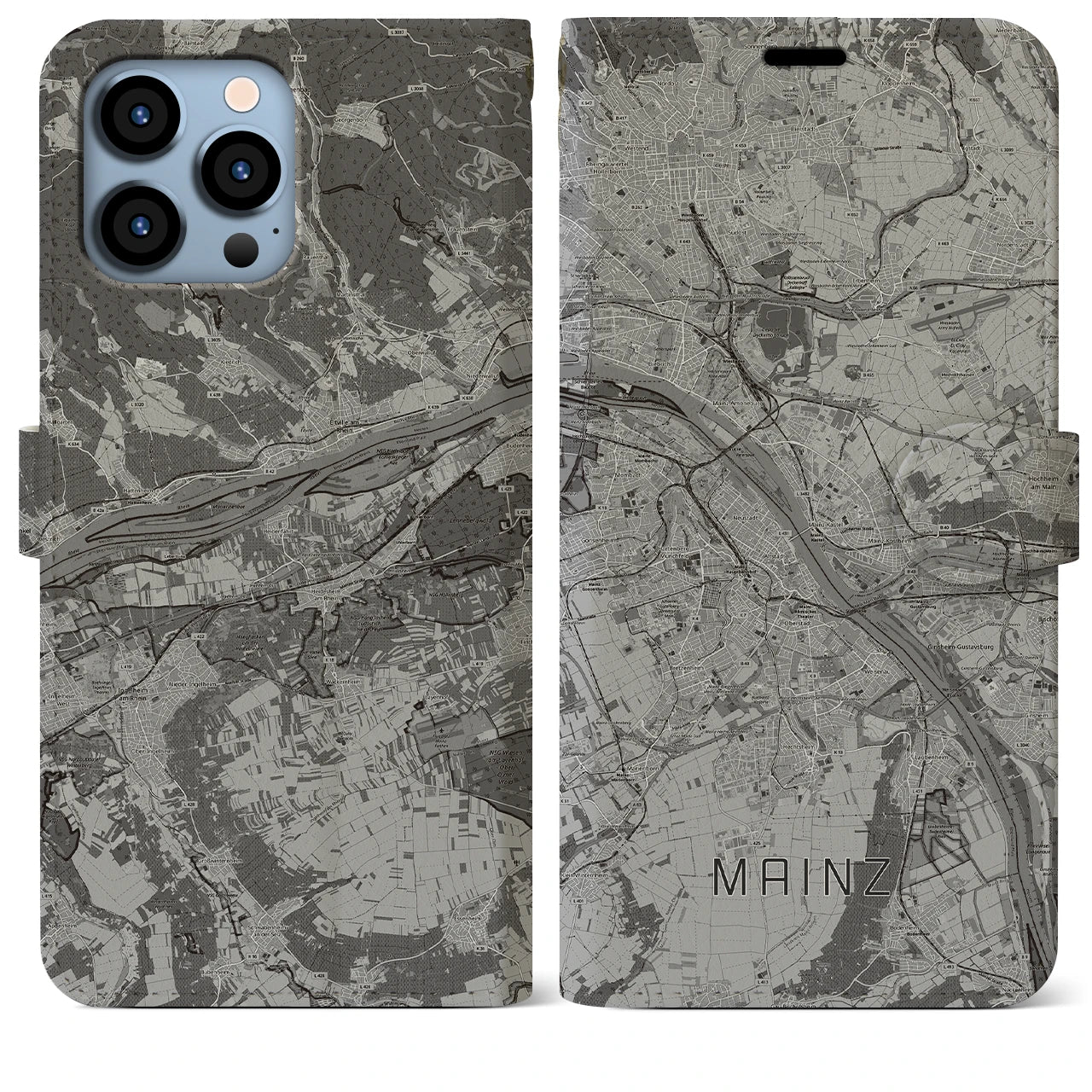 【マインツ(ドイツ)】地図柄iPhoneケース(手帳タイプ)モノトーン・iPhone 13 Pro Max 用