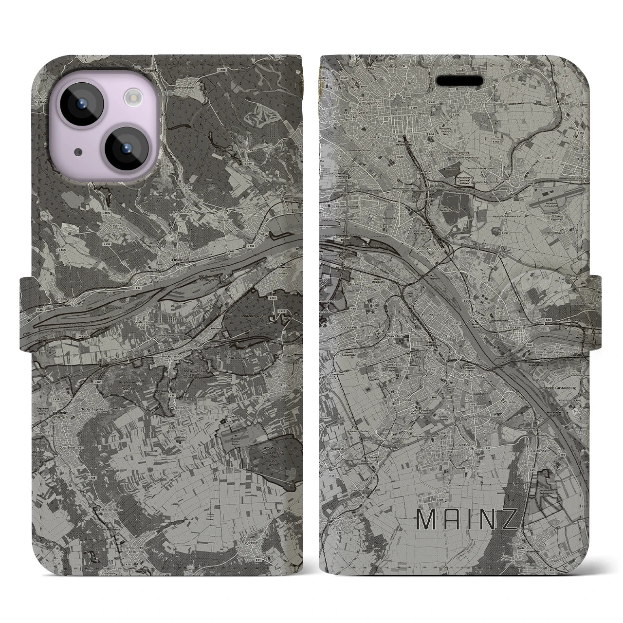 【マインツ(ドイツ)】地図柄iPhoneケース(手帳タイプ)モノトーン・iPhone 14 用