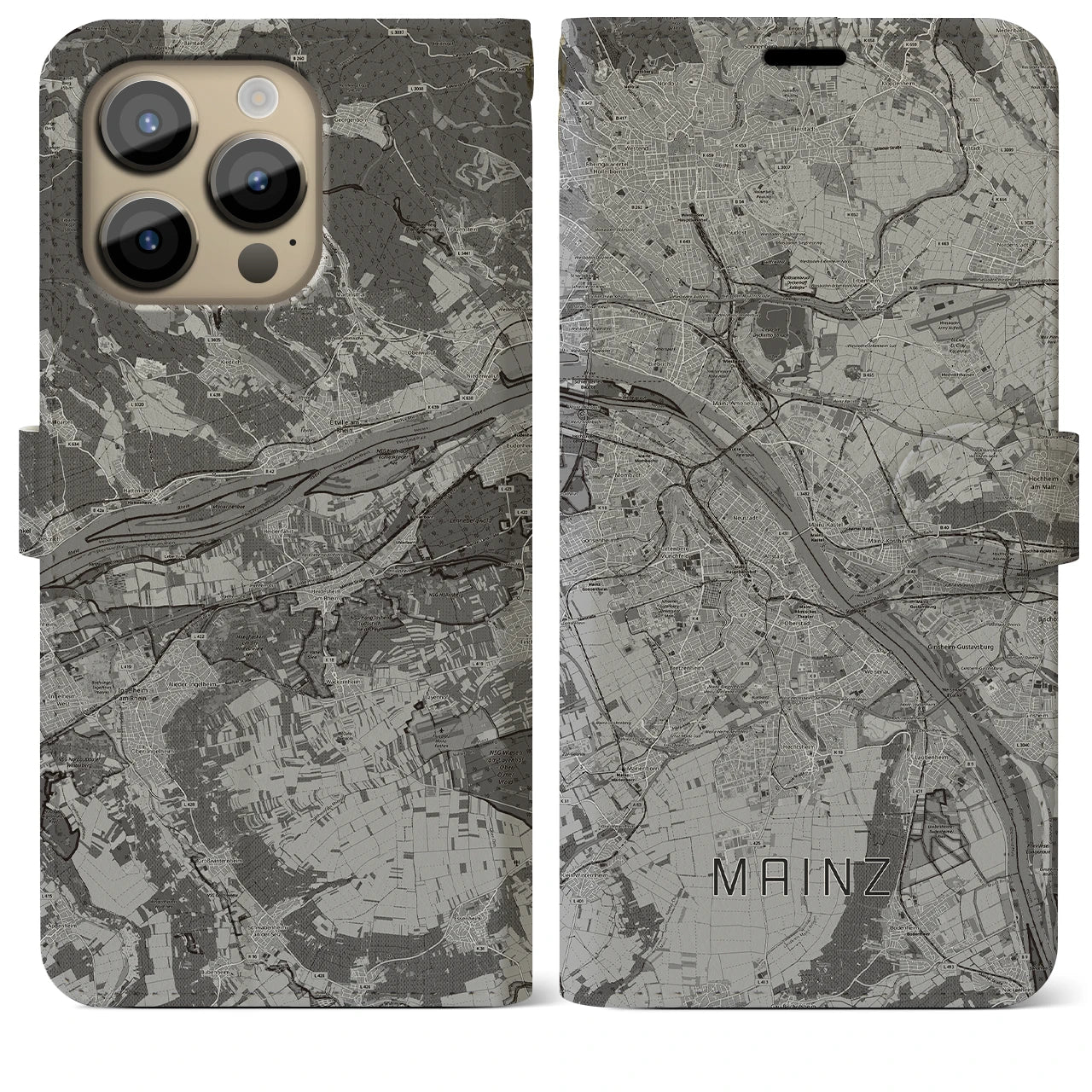 【マインツ(ドイツ)】地図柄iPhoneケース(手帳タイプ)モノトーン・iPhone 14 Pro Max 用