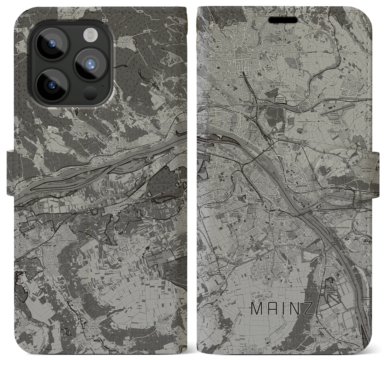 【マインツ(ドイツ)】地図柄iPhoneケース(手帳タイプ)モノトーン・iPhone 15 Pro Max 用