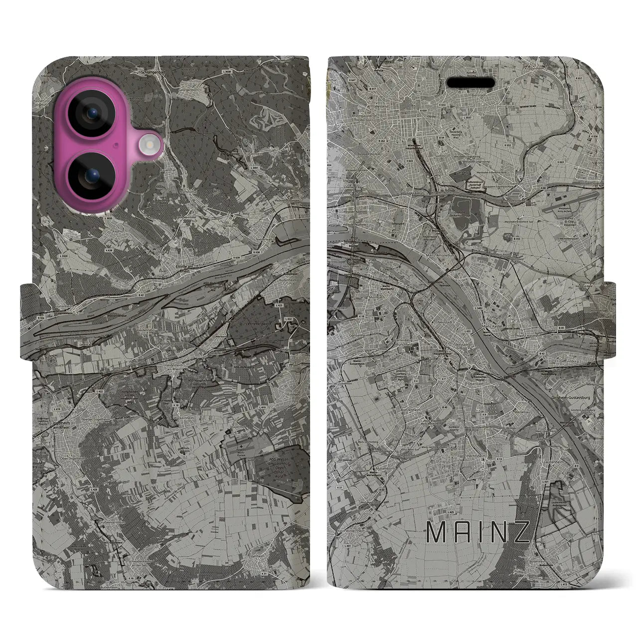 【マインツ(ドイツ)】地図柄iPhoneケース(手帳タイプ)モノトーン・iPhone 16 Pro 用