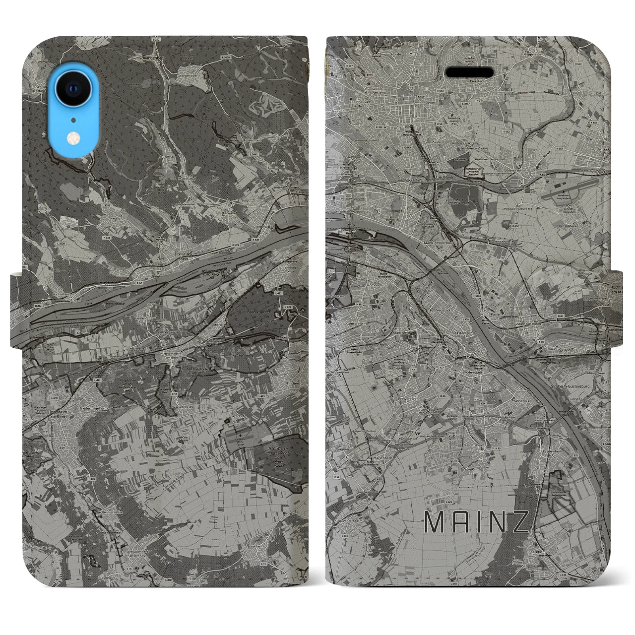 【マインツ(ドイツ)】地図柄iPhoneケース(手帳タイプ)モノトーン・iPhone XR 用