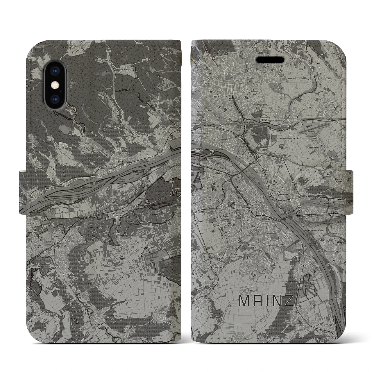 【マインツ(ドイツ)】地図柄iPhoneケース(手帳タイプ)モノトーン・iPhone XS / X 用