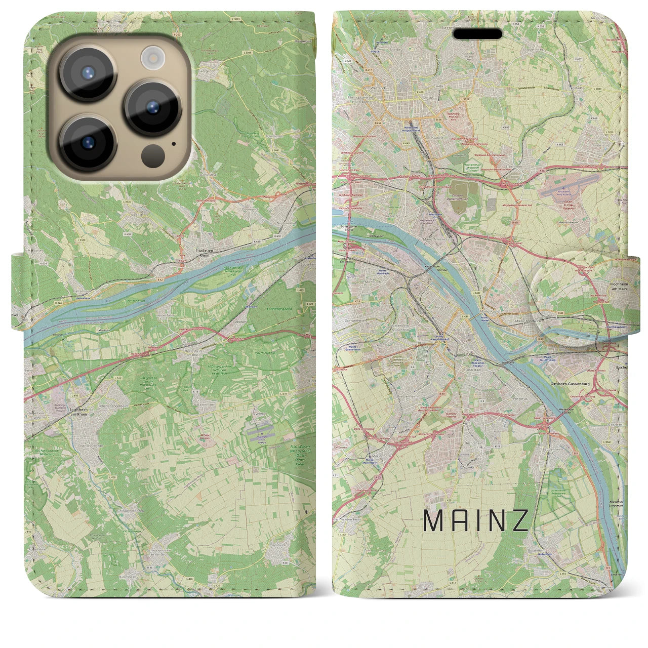 【マインツ(ドイツ)】地図柄iPhoneケース(手帳タイプ)ナチュラル・iPhone 14 Pro Max 用